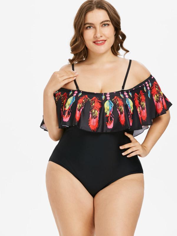 Women's feather shoulder sexy plus fat plus Dalian body bikini - Black red, S