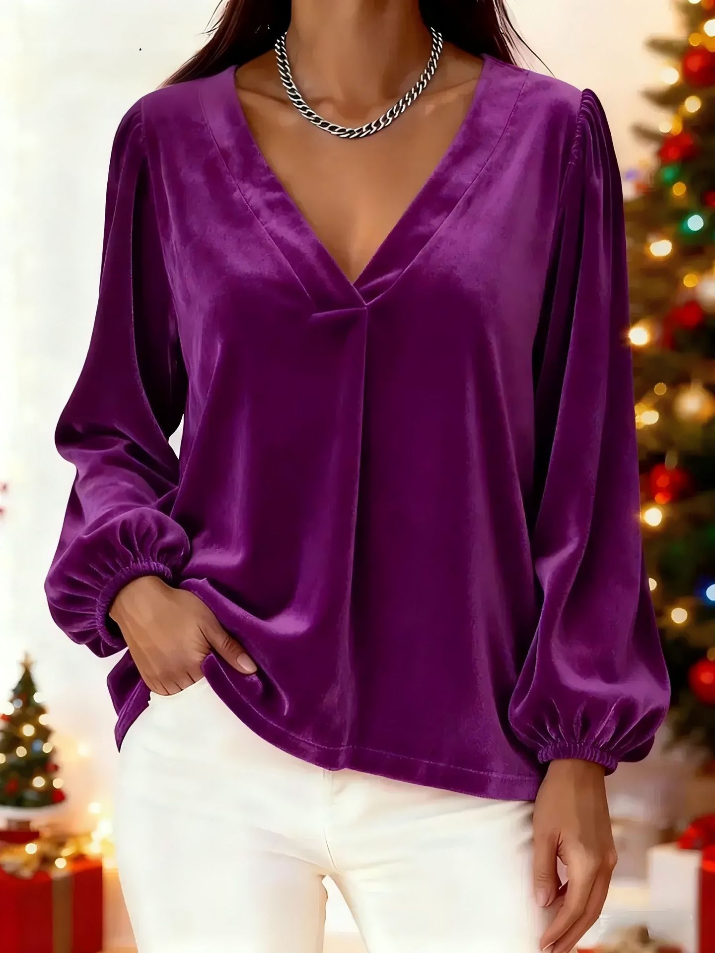 Velvet V-neck Elegant And Luxurious Lantern-sleeve Women's Top - Purple, L