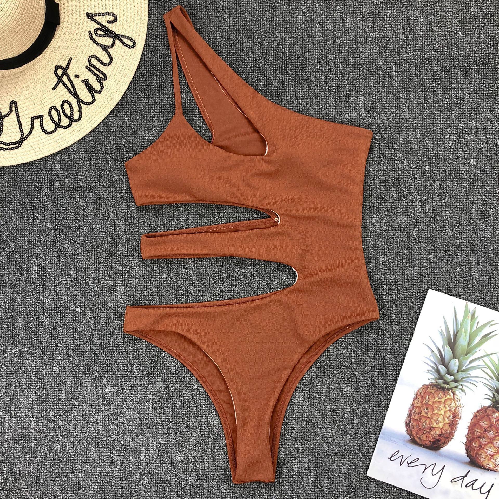 Sexy irregular stitching cutout one-piece bikini - Brown, M