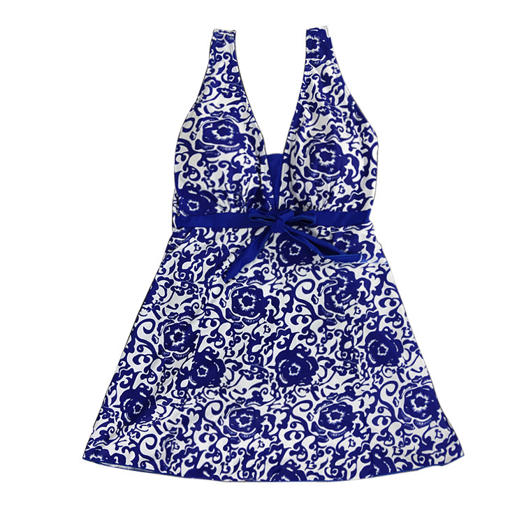 Print plus-size skirt split swimsuit - Blue, 5XL
