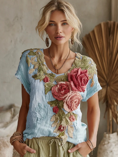 Women's Vintage Floral Art Linen Crew Neck T-shirt - Blue, M