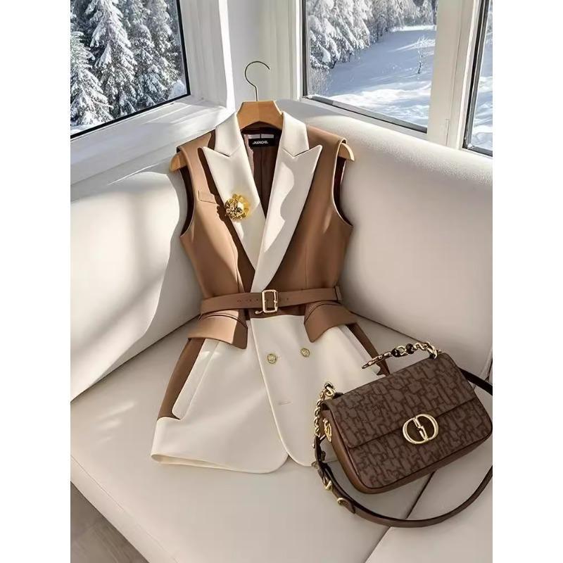 Women's Fashionable Patchwork Suit Vest - Brown, S