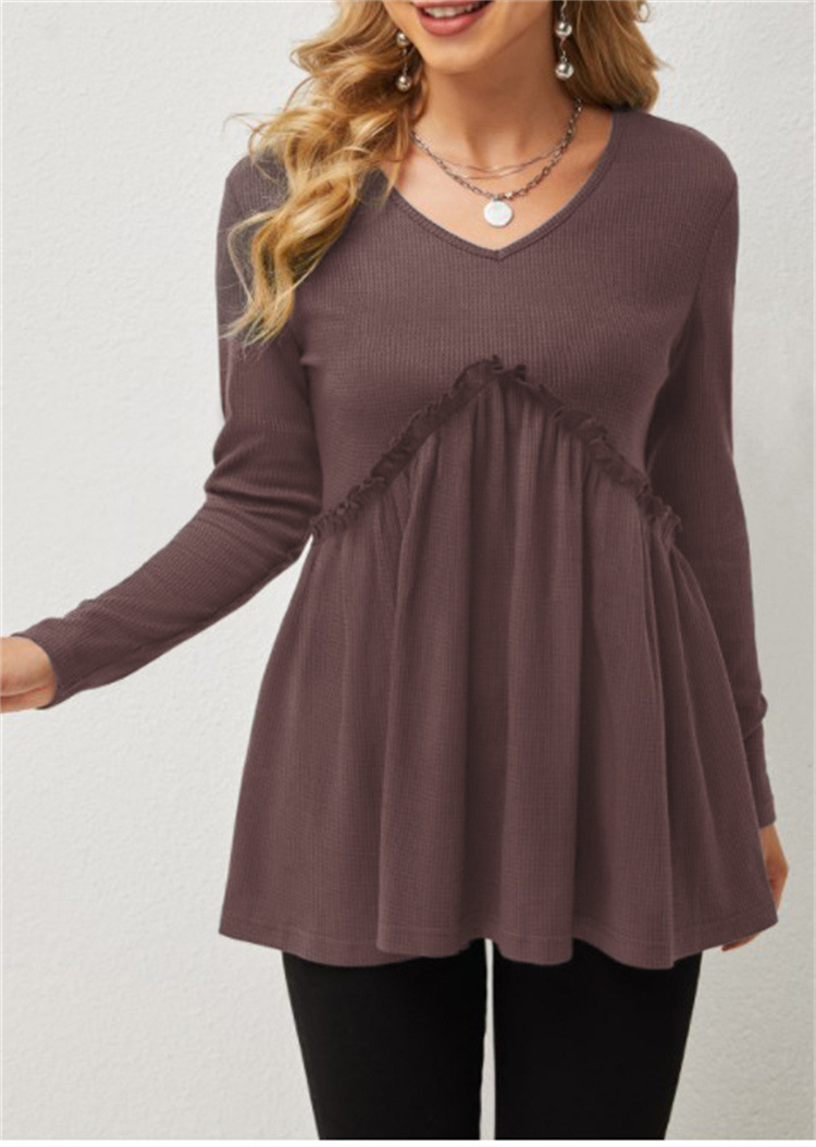Loose-fit Ruffled Pleated V-neck T-shirt For Women - Vermilion, S