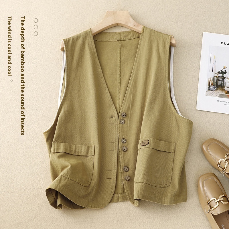 Women's Short Korean-style Retro Cotton And Linen Vest - Khaki, 2XL