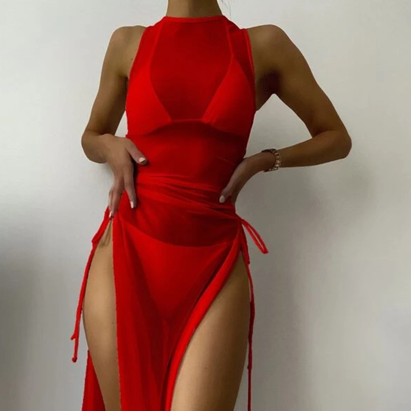 New Solid Color Sexy Split Swimsuit - Red, S