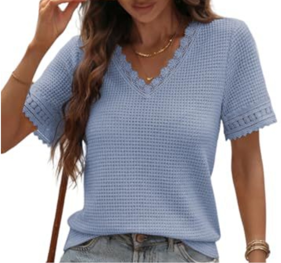 2026 Summer Women's V-Neck Waffle Knit Lace Patchwork Short Sleeve Casual T-Shirt Tops - Blue, S