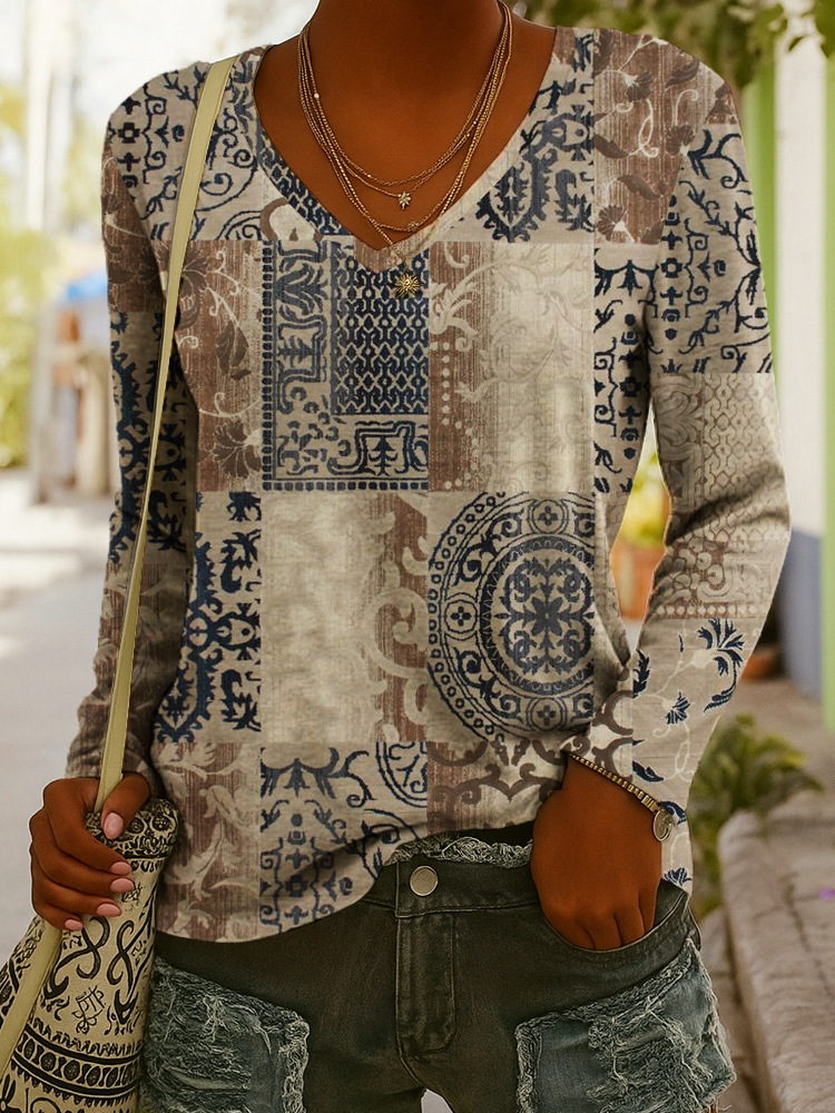 Fashionable Ethnic-Style Printed V-Neck Long-Sleeve T-Shirt - 1 Figure, M