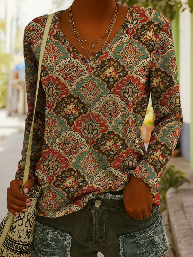 Fashionable Ethnic-Style Printed V-Neck Long-Sleeve T-Shirt - 4 Figure, 3XL