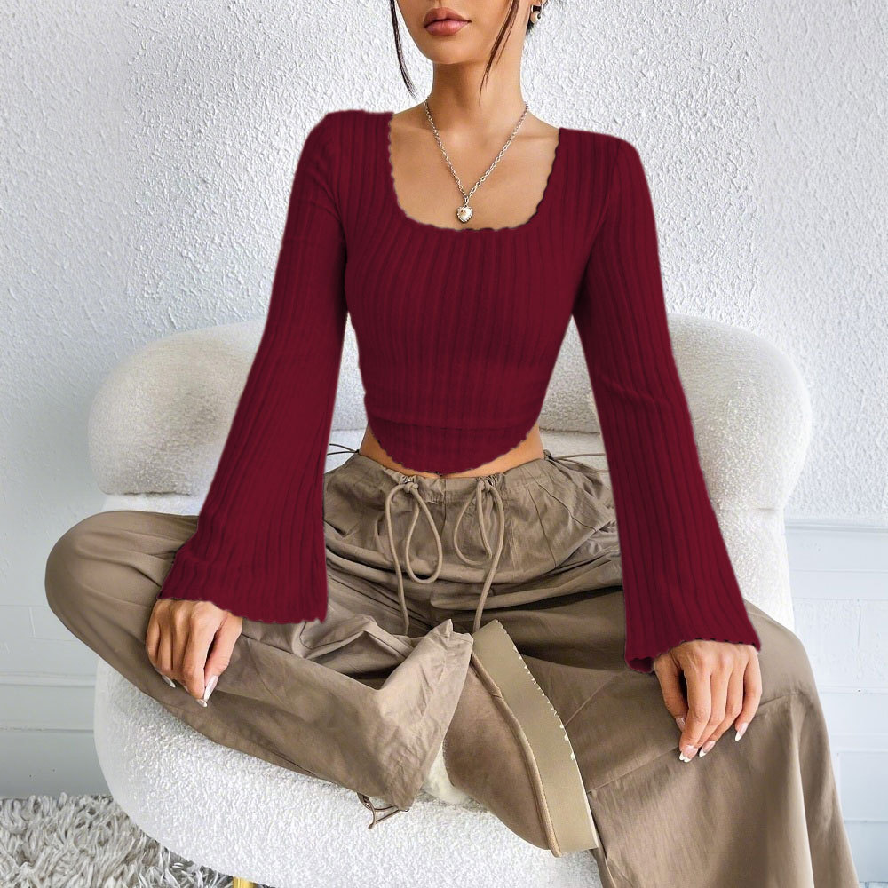 Autumn And Winter New Women's Fashion Elegant Style T-shirt Square Neck Bell Long Sleeve Top - Burgundy, L