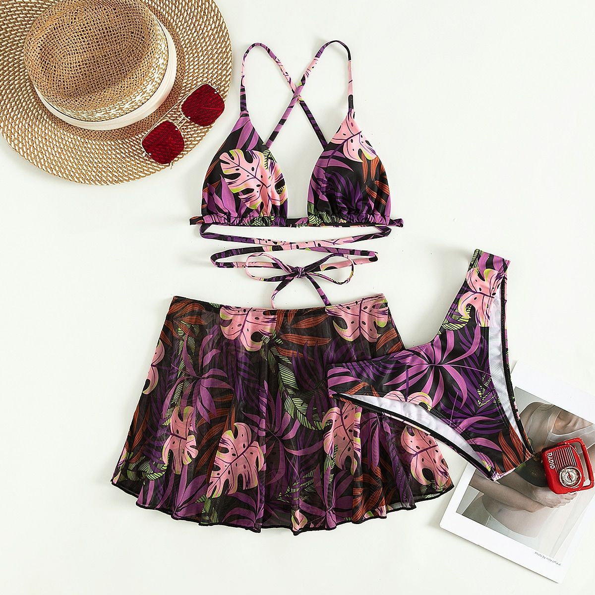 Leaf Print Bikini Women's Three-piece Two-piece Swimsuit - Dark Violet, L