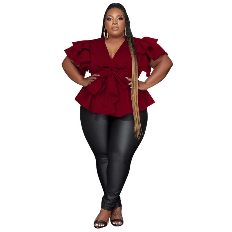Women's Casual All-Match V-Neck Ruffle-Sleeve Pleated Blouse Top - Wine Red, 4XL