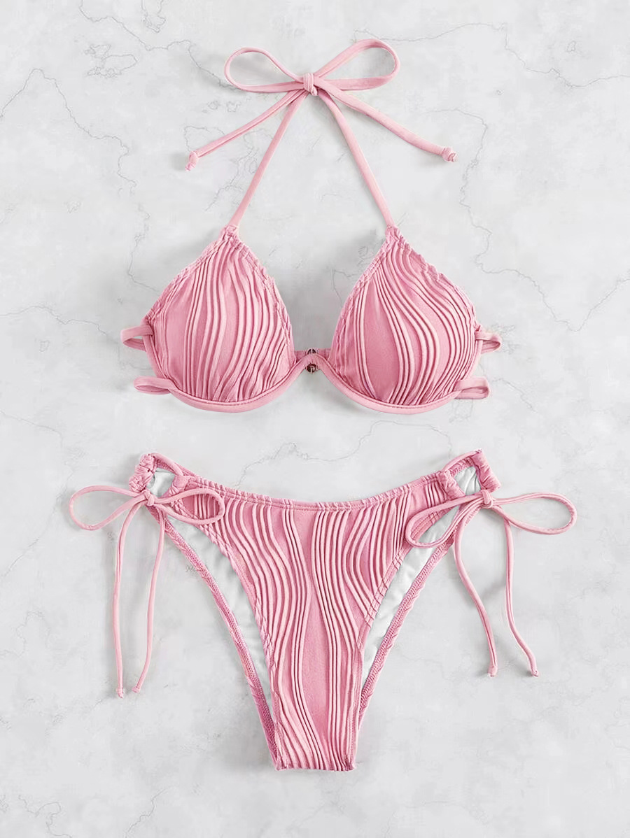 Women's Split Sexy Bikini Swimsuit With Steel Bracket - Pink, XL