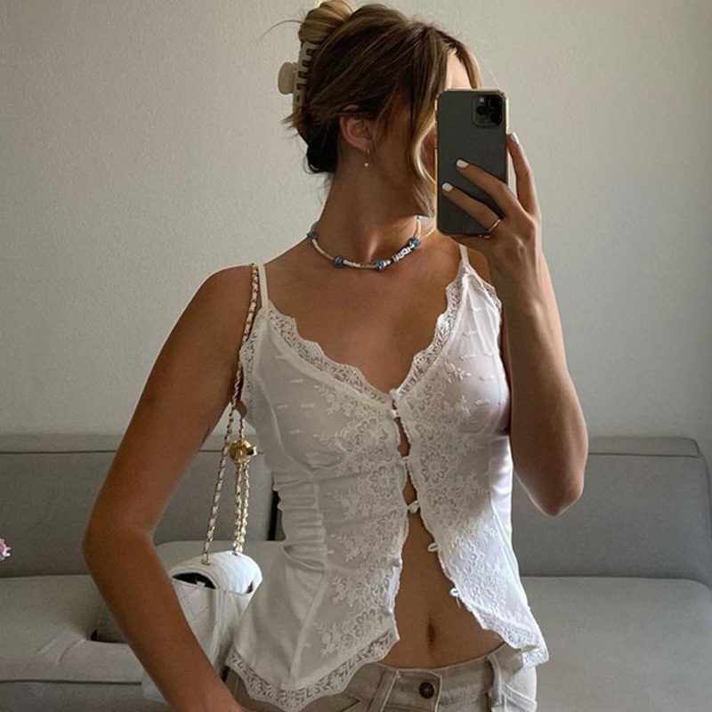 Women's American Style Hot Girl Style Lace Lace Sexy V-neck Cardigan Ties Buckle Camisole Small Tank Tops - White, M