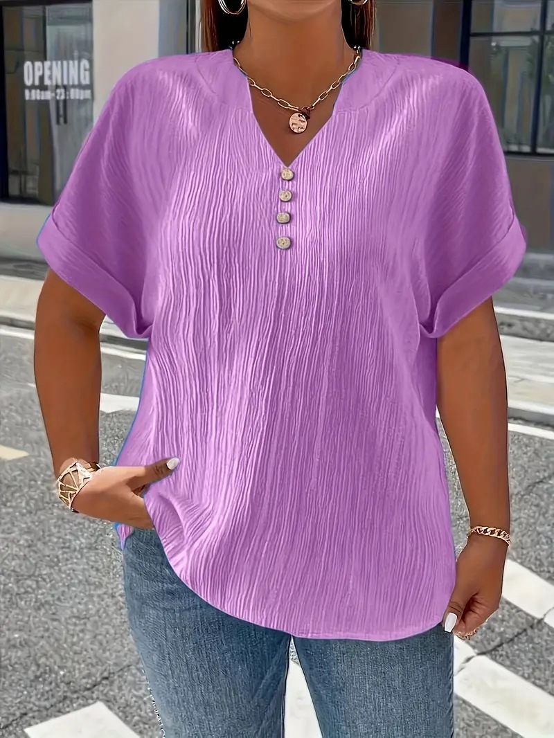Summer Casual Women's Clothing Small V-neck Short-sleeve Top - Purple, 2XL