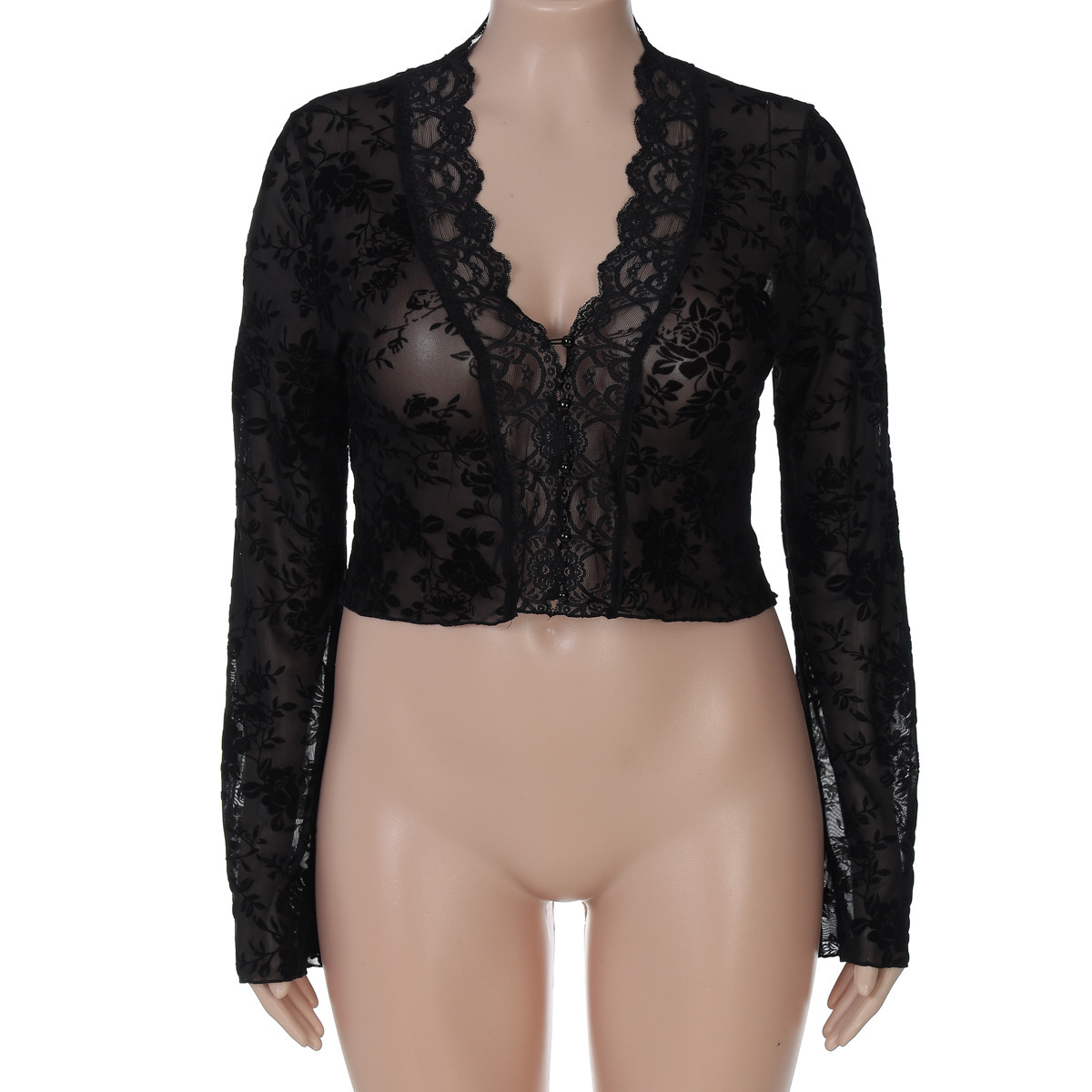 Cardigan Button-up Long-sleeve Top - Black, L