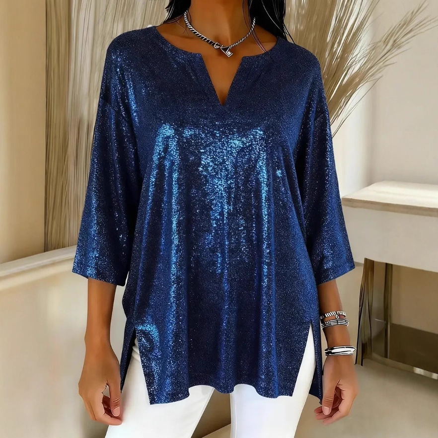 Independent Site Women's Shiny Christmas Long Sleeve Top - Dark Blue, XXXL