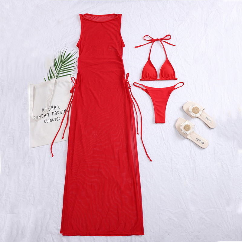 New Solid Color Sexy Split Swimsuit - Red, L