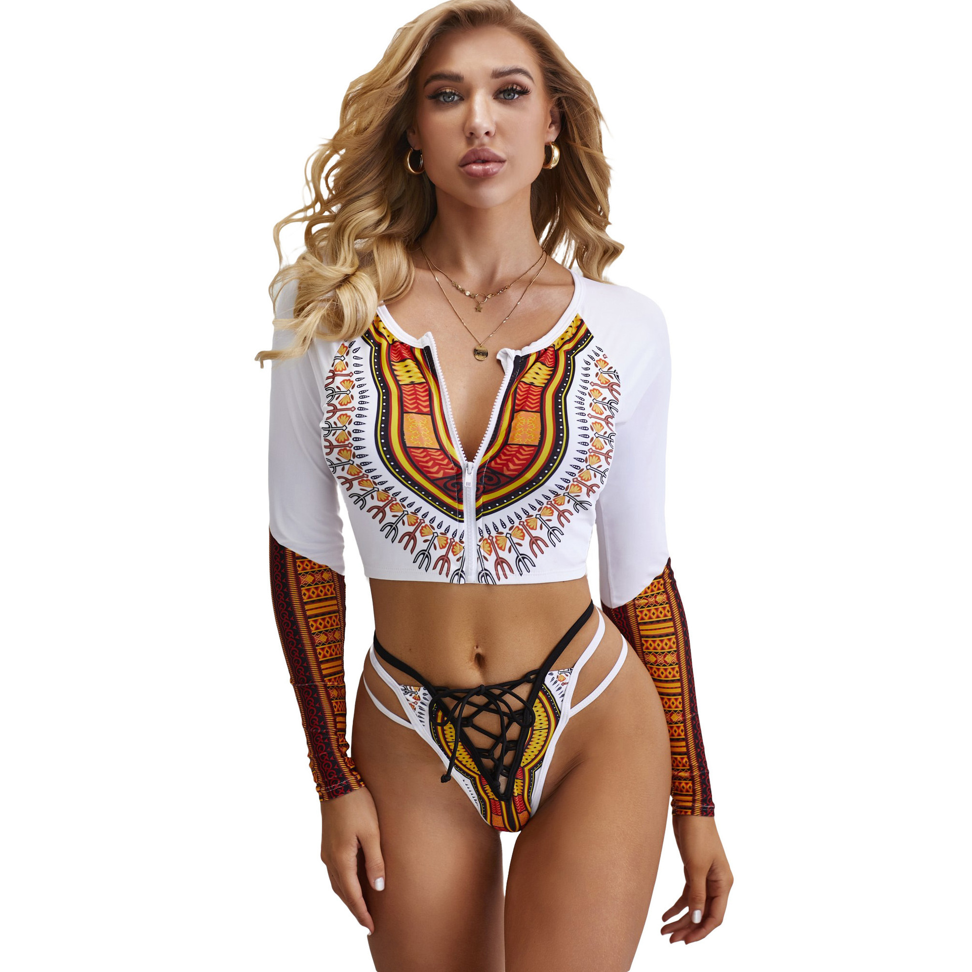 Printed Swimsuit Two-piece National Style Swimsuit With Long Sleeves - White, S