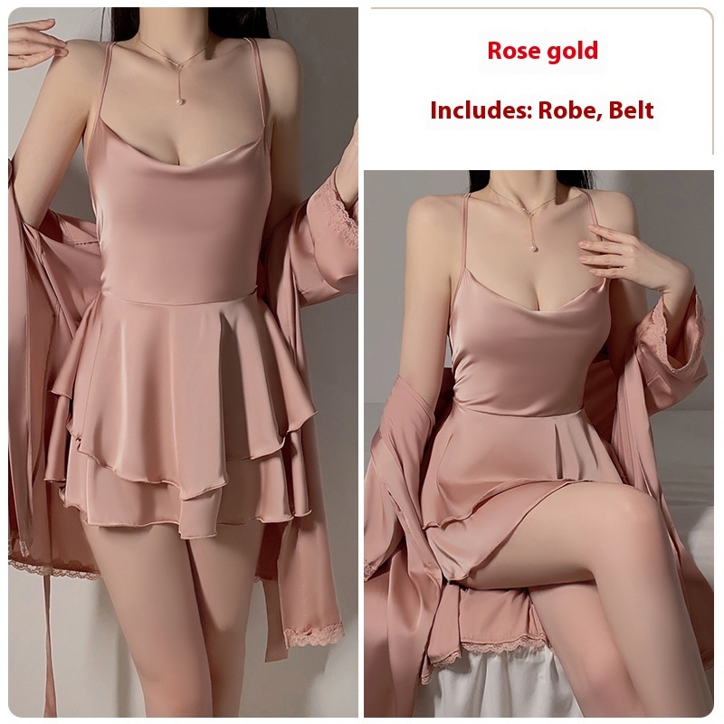 Underwear Pure Lace Slip Nightdress Outerwear Gown Homewear Suit - Rose Gold Outerwear Gown Belt, Free Size