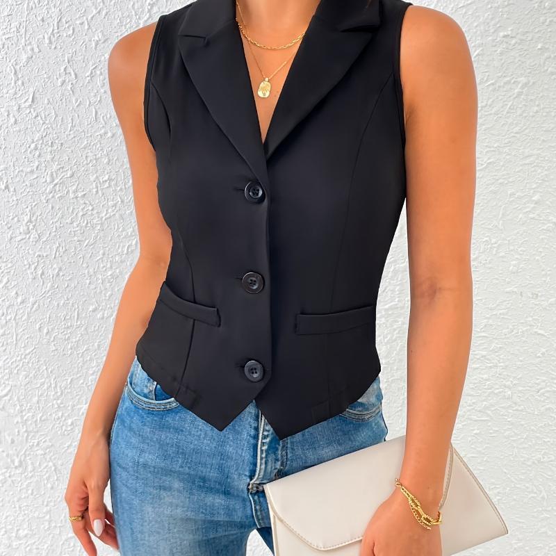 Solid Color Single Breasted Vest Elegant Slim Sleeves - BLACK, L