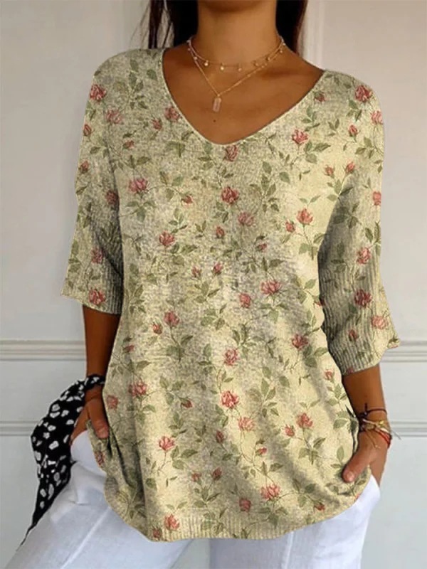 Elegant Retro Womens Casual Floral Print V-Neck Long-Sleeve Top - Style 10, S