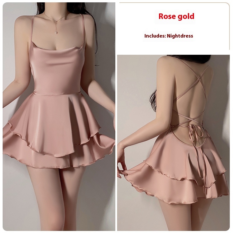 Underwear Pure Lace Slip Nightdress Outerwear Gown Homewear Suit - Rose Gold Nightdress, L