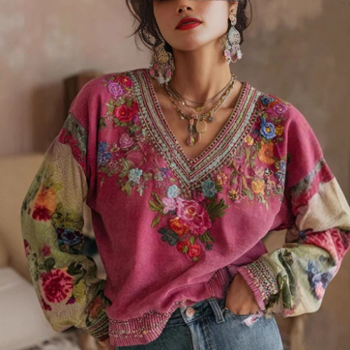 Womens Floral Embroidered Printed V-Neck Long-Sleeve Top - Picture Color, XXL