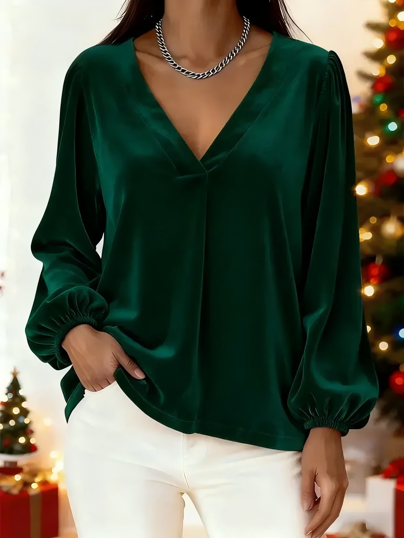 Velvet V-neck Elegant And Luxurious Lantern-sleeve Women's Top - Green, 3XL