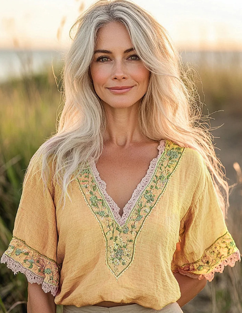 Women's Bohemian Retro Floral Linen-Blend T-Shirt - Yellow, 5XL