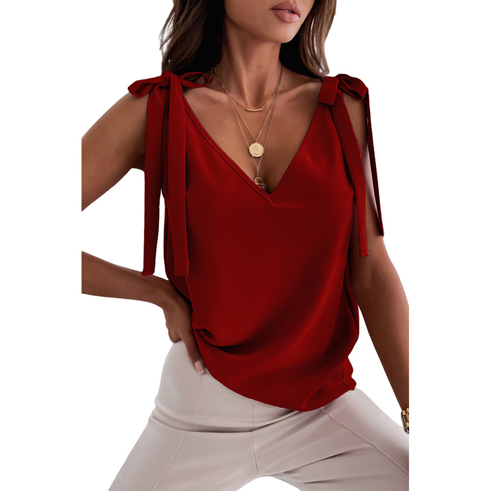 Bowknot Tie Up Camisole V-neck Shirts Women Summer Sleeveless Tank Tops - Red, 2XL