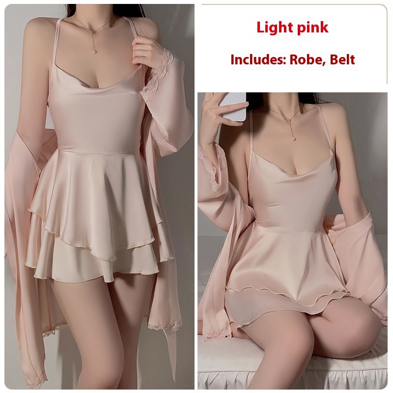 Underwear Pure Lace Slip Nightdress Outerwear Gown Homewear Suit - Light Pink Outerwear Gown Belt, Free Size