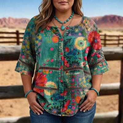 European And American Retro Bohemian Hollow-Out Plus-Size Top - Multicolor, L