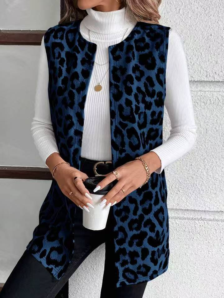 Womens Stylish Casual Leopard-print Jacket - Dark Blue, L