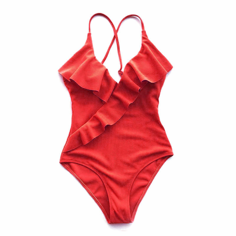 Ruffled one-piece swimsuit - Red, XXL
