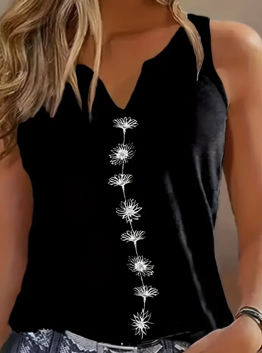 Floral Print Tank Top, Casual Notch Neck Summer Sleeveless Top, Women's Clothing - Black, S