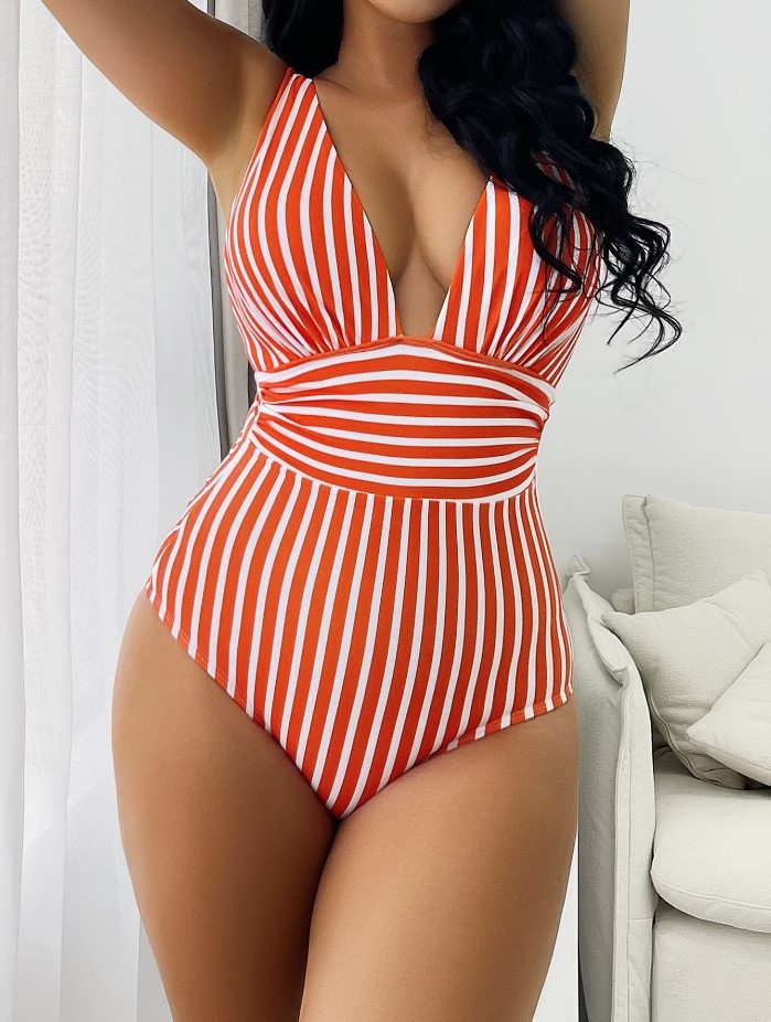 One-piece Swimsuit Sexy Stripes Swimsuit Women's Multi-color Bikini - Orange Stripes, M