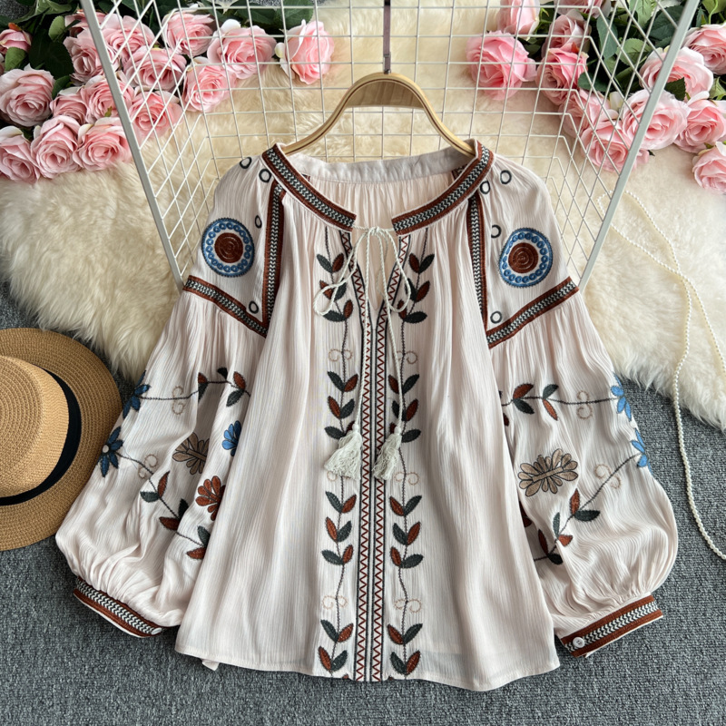 Women's Embroidered Crew-Neck Top With Lace-up Lantern Sleeves - Apricot, Free Size