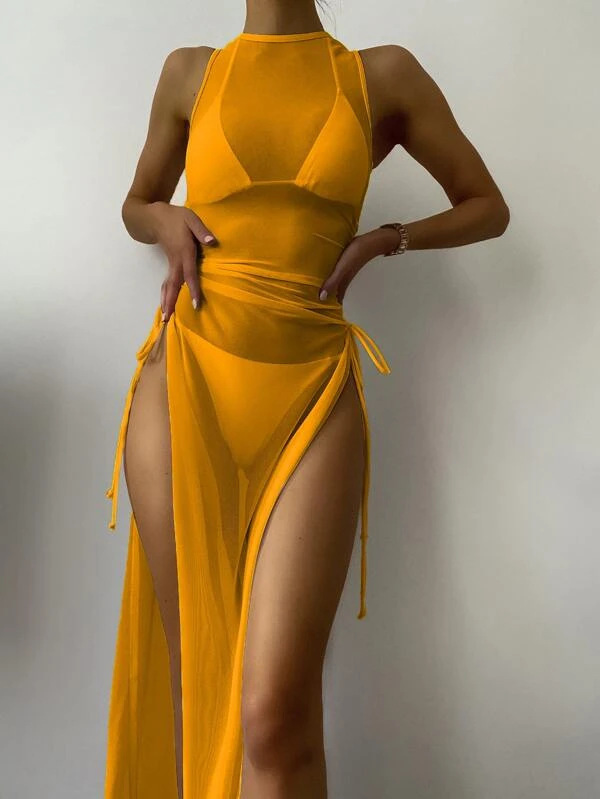 New Solid Color Sexy Split Swimsuit - Yellow, M