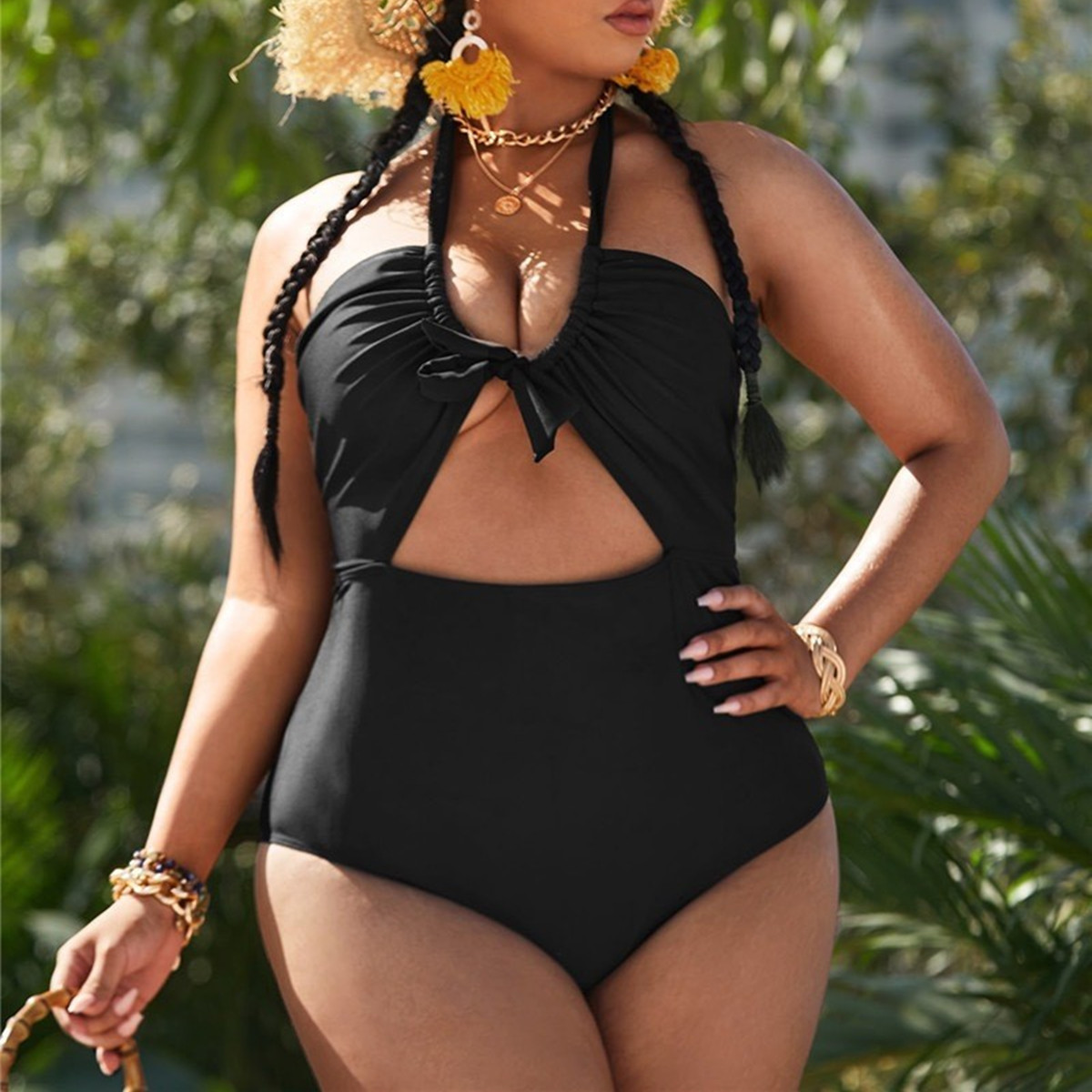 Plus Size Swimsuit One Piece Green Tie Dye Print Swimwear - Black, 4XL