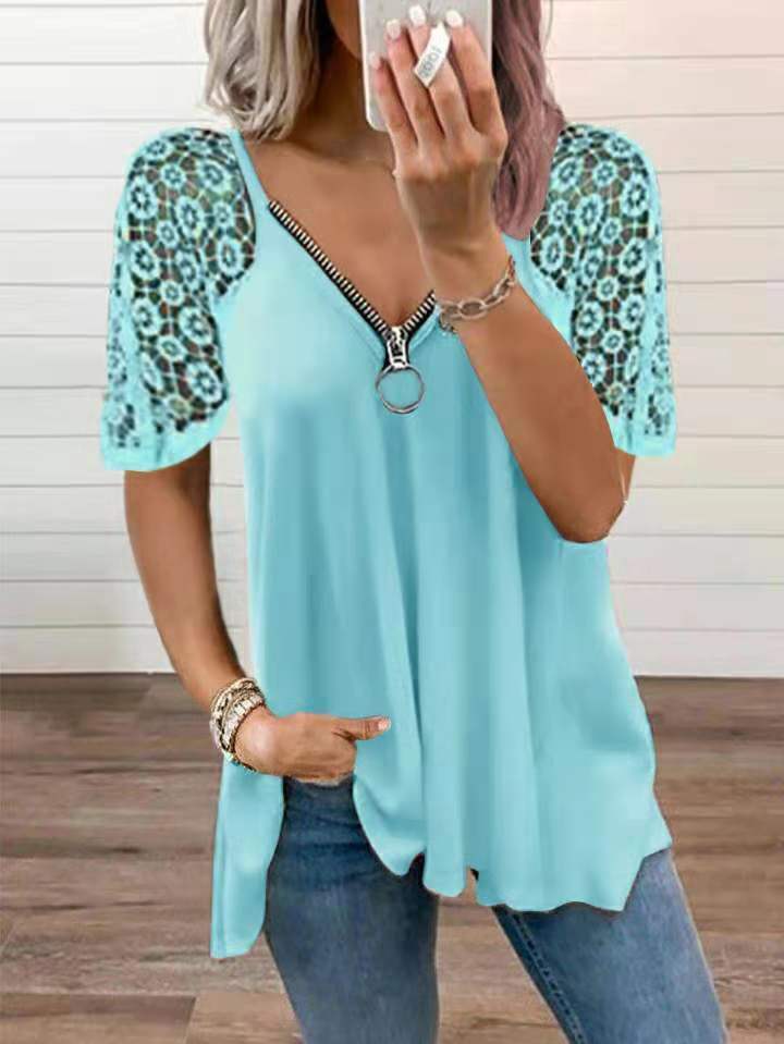 Lace Stitching Short-sleeved Solid Color Loose T-shirt - Blue, M