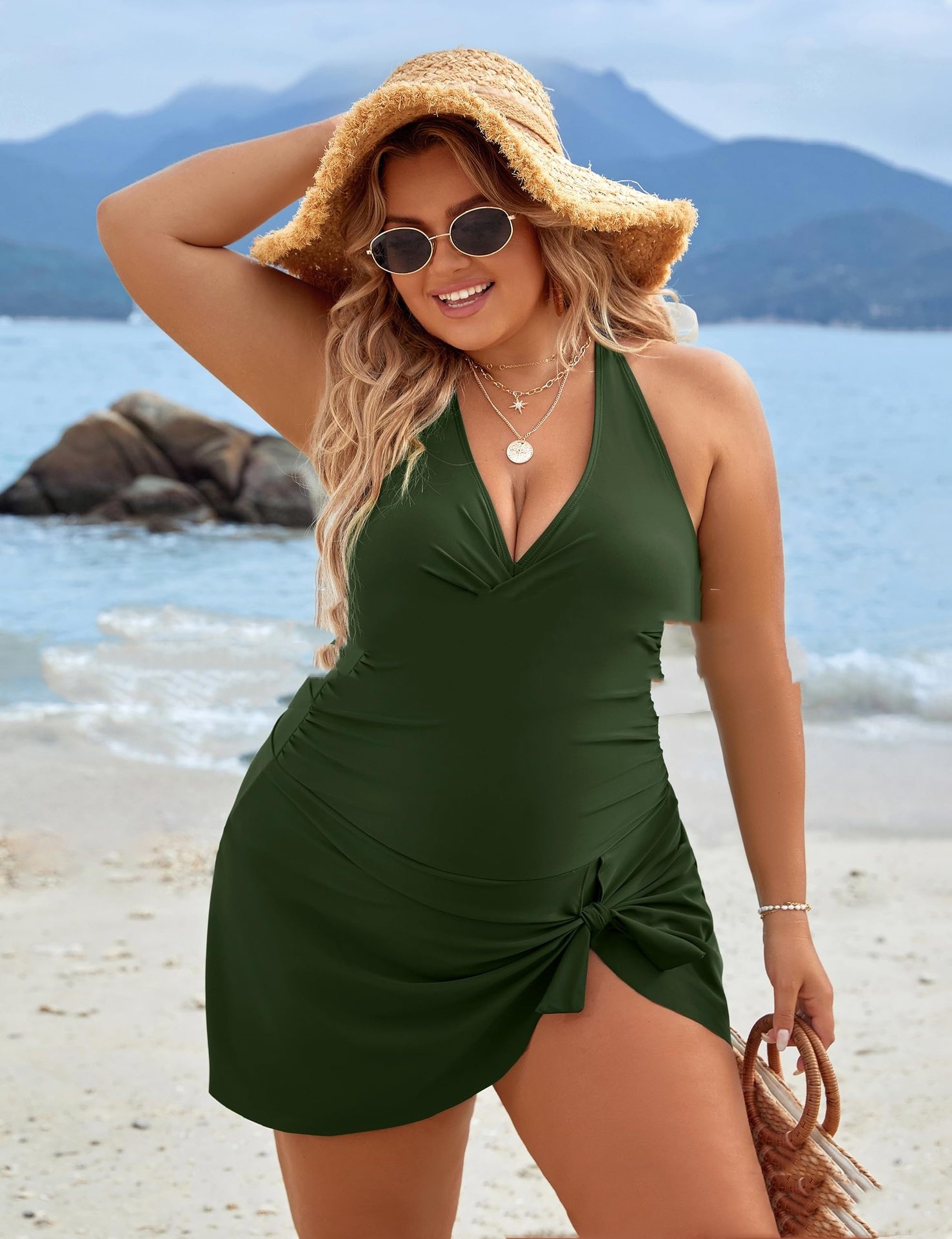 Plus Size Fat Woman Skirt One-piece Swimsuit - Green, 2XL
