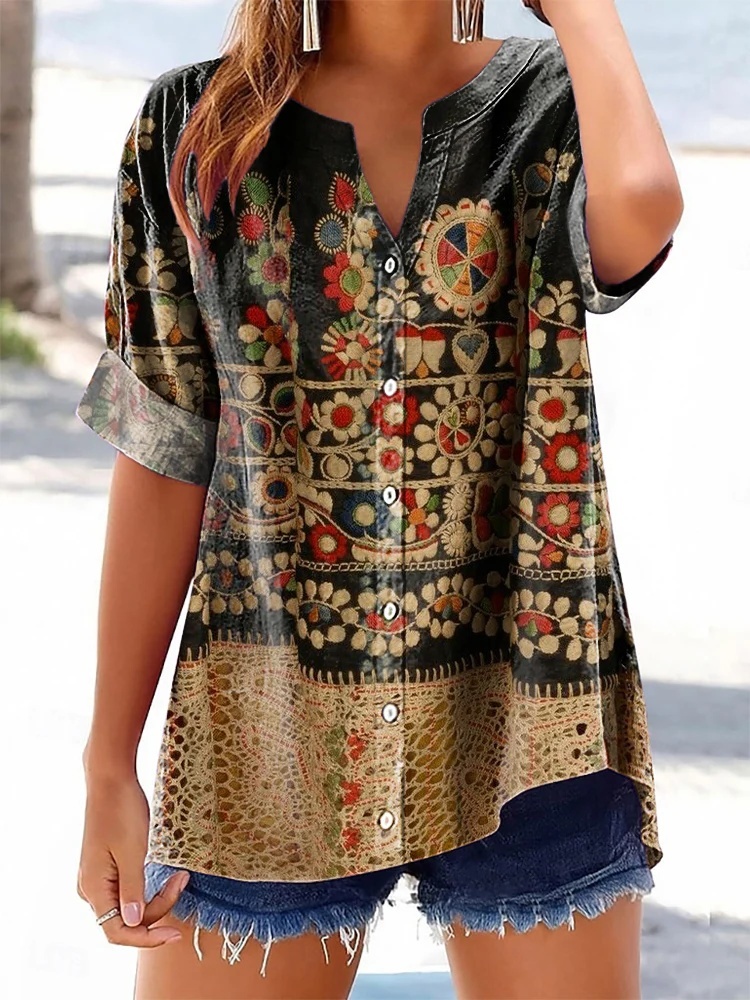 Fashionable Short-Sleeve Top For Women Printed V-Neck 3D - 1Color, XXL
