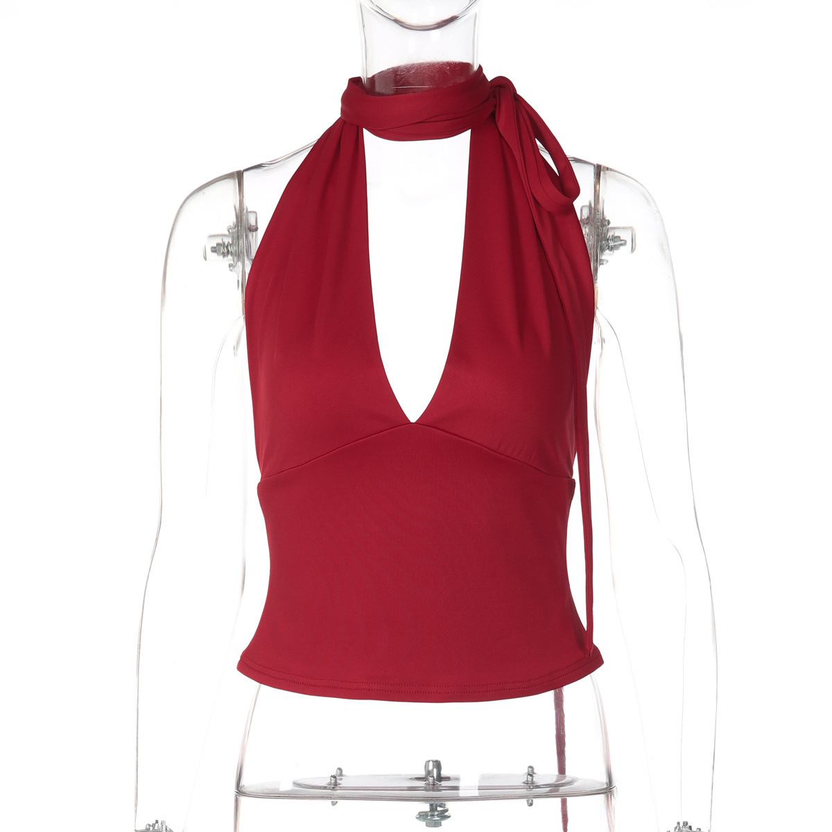 Womens Fashionable Deep V-Neck Backless Slim-Fit Solid-Color Lace-Up Tank Top - Red, M