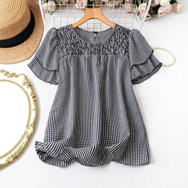 Bohemian Linen Plus-size Plaid Round-neck Loose Slimming Top