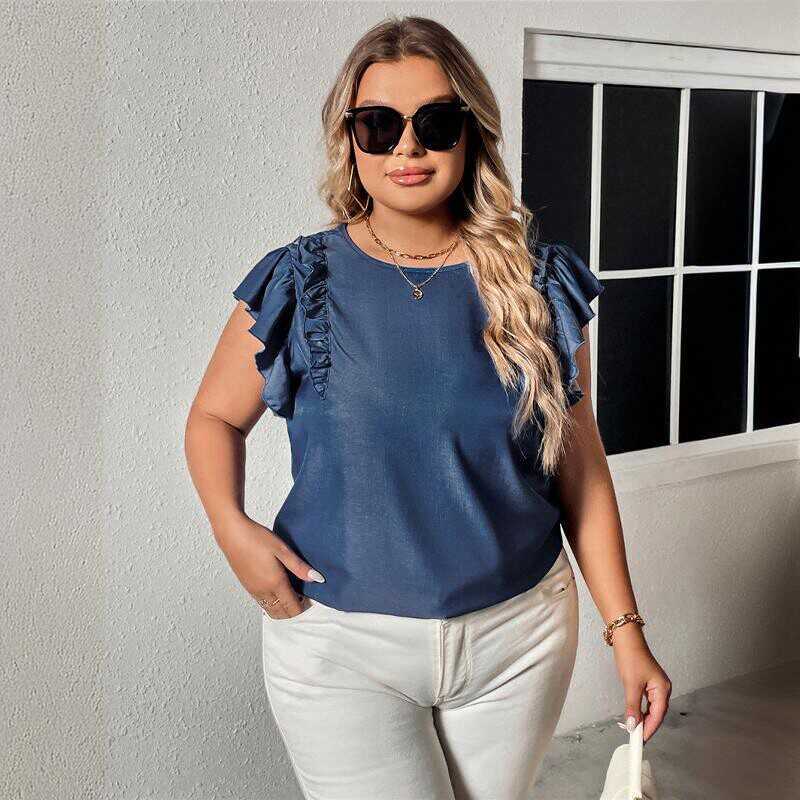 Stylish Loose-fitting T-shirt With A Ruffled Hem For Women - Blue, 3XL