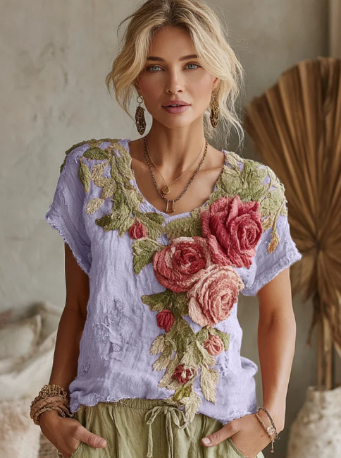 Women's Vintage Floral Art Linen Crew Neck T-shirt - Purple, S
