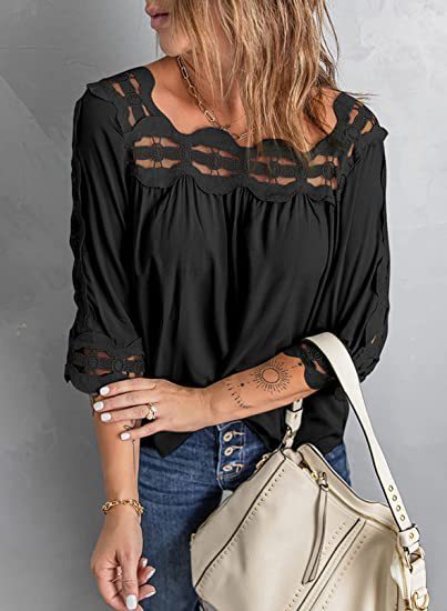 Female Lace Stitching Loose Leisure Five - Point Sleeve - Black, L