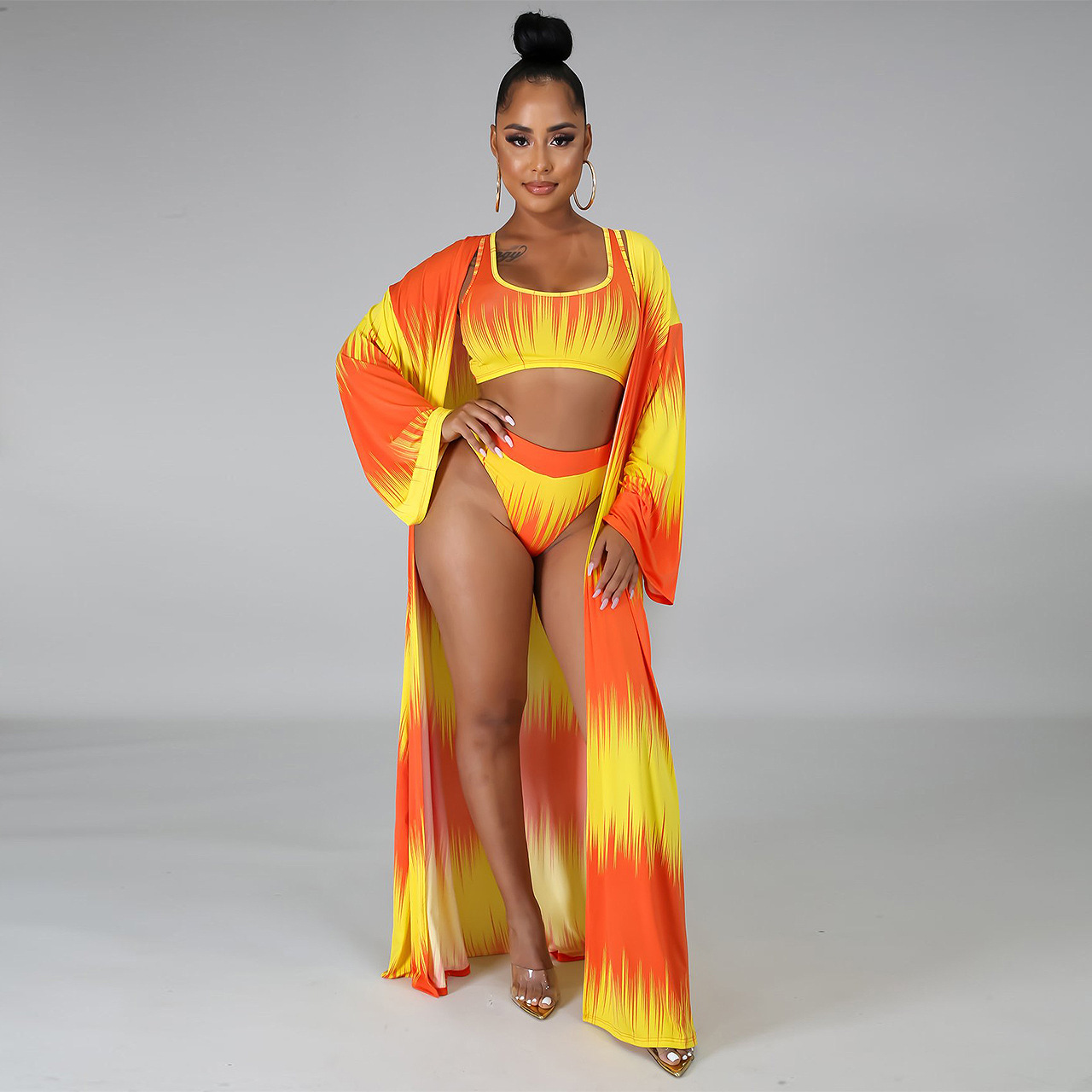 New Swimsuit Print Split Triangle Bikini Three-piece Set - Red, M