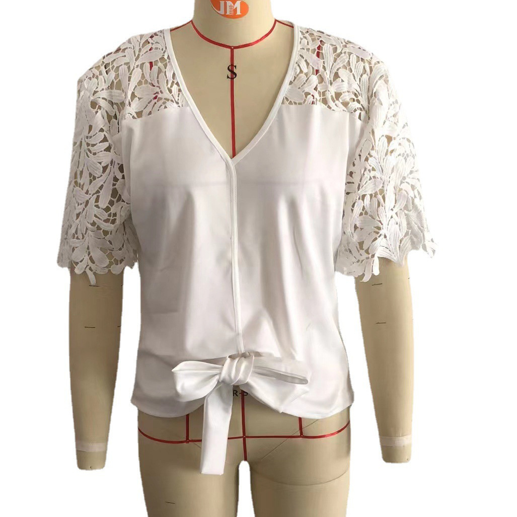 V-Neck Commuter Sexy Lace Hollow-Out Solid Color Three-Quarter Sleeve Chiffon Blouse - White, M
