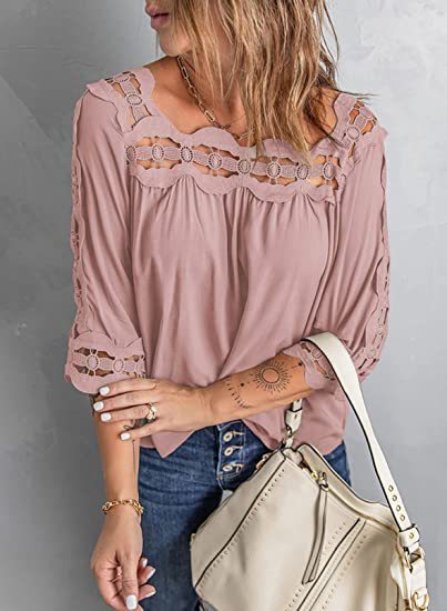 Female Lace Stitching Loose Leisure Five - Point Sleeve - Pink, 3XL